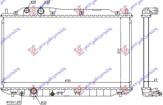 RADIATOR 1.6-1.8 AUTOMATIC WITHOUT AUTOMATIC TUBES (375x670x27) (KOYO)