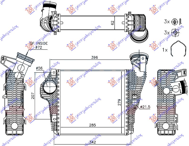 HLADNJAK INTERKULERA 3.0-3.6 BENZIN (285x279x62) DESNO